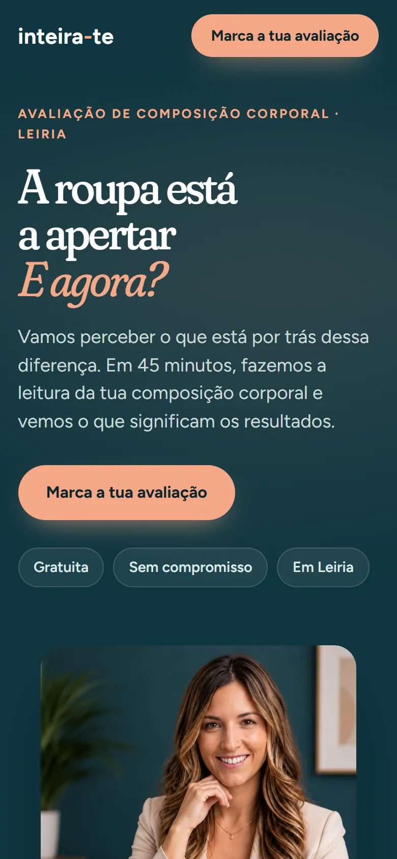 Topo do site inteira-te no telemóvel, com o botão Marca a tua avaliação