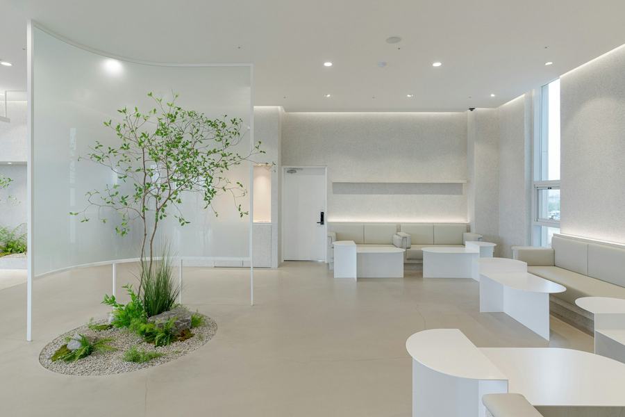 Sala de espera com árvore e sofás brancos
